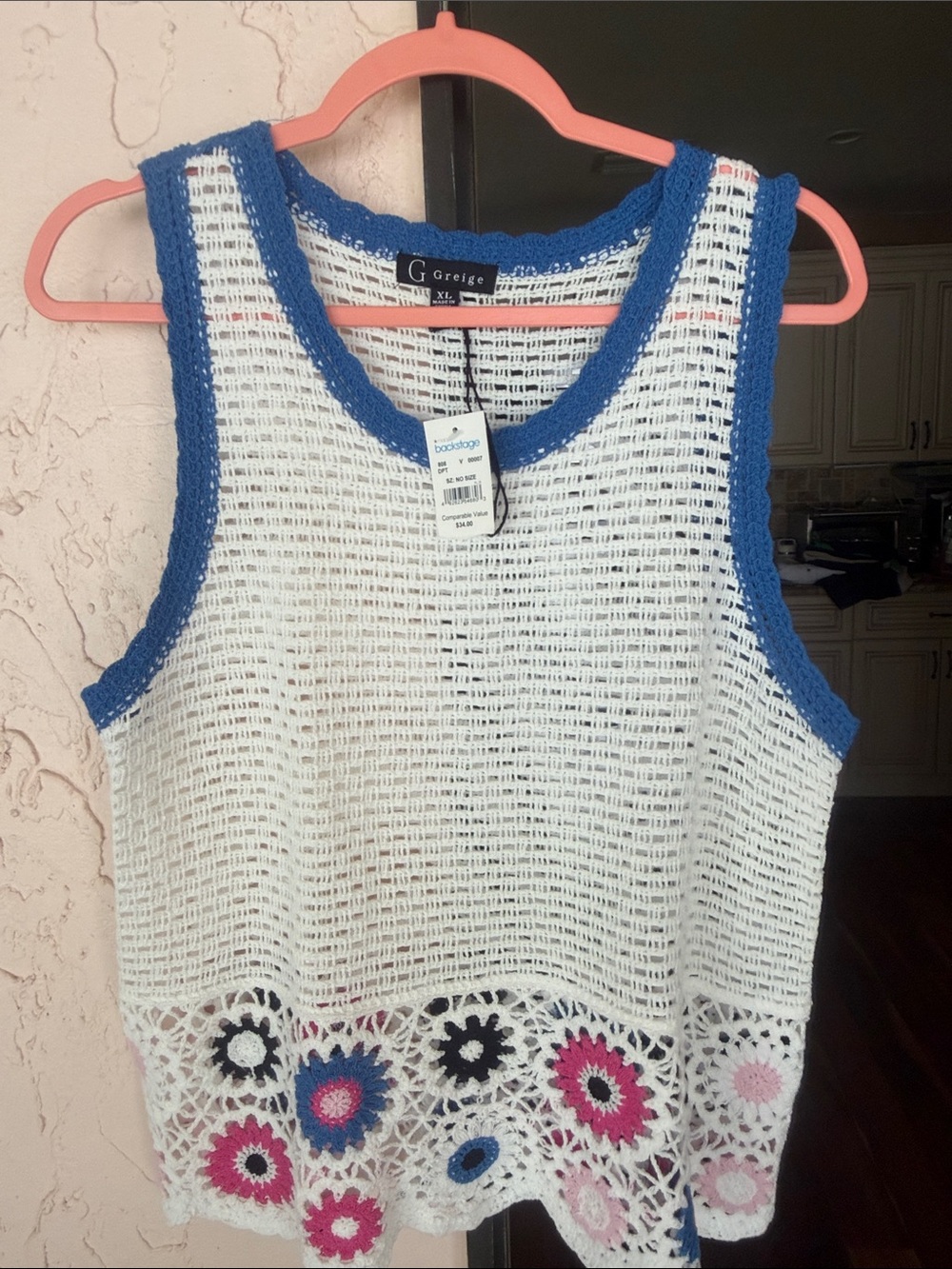 White Crochet Tank with Blue Trim and Floral Hem